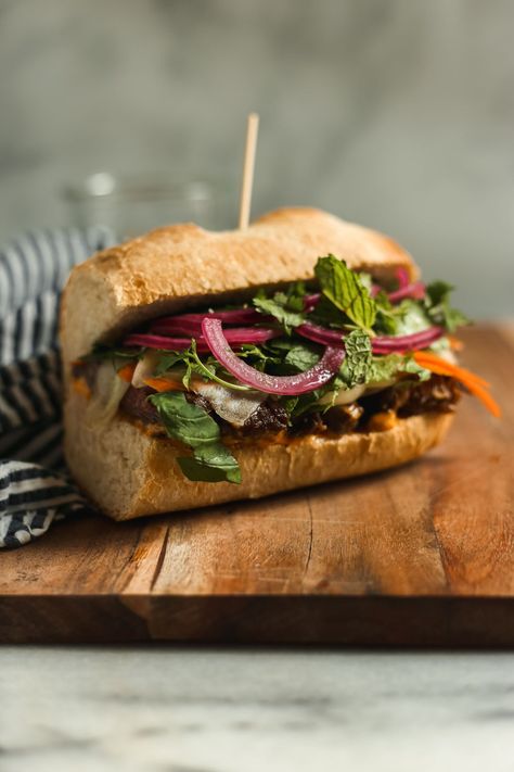 Vietnamese Steak Sandwich - The Hungary Buddha Eats the World Skirt Steak Sandwich, Vietnamese Steak, Marinated Skirt Steak, Lemongrass Paste, Types Of Sandwiches, I Grill, Spicy Mayo, Pickled Veggies, Steak Sandwich