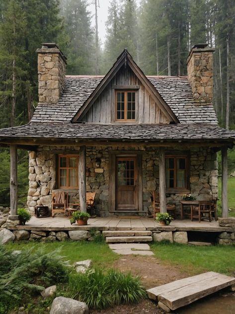 Stone Cottages Interior, Under The Whispering Door, Small Pool House, Small Stone Cottage, Forest Cabins, Small Rustic House, Country Architecture, Small Lake Houses, Unusual House