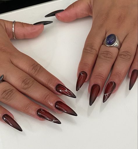 Black And Red Stilletos Nails, Natural Vampire Nails, Burgundy And Black Nails Acrylic, Blood Red Almond Nails, Medium Stilleto Nail Design, Red Alt Nails, Vampy Nails Almond, Vampy Red Nails, Dark Vampy Nails