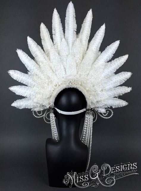 Pearl Headdress, Carnival Headdress, Winter Goddess, Faux Feathers, Boho Crown, Pale Complexion, Dancer Costume, Feather Headpiece, Larp Costume