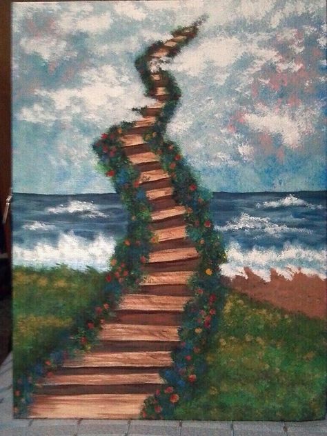 14x11acrylic painting on canvas board stairway to heaven Heaven Painting, Stairs To Heaven, Acrylic Painting Diy, Painted Stairs, Cute Canvas Paintings, Cute Canvas, Small Canvas Art, Graphite Drawings, Stairway To Heaven