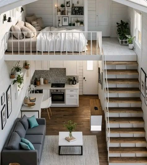 Small Apartment With Loft Bedroom, Tiny Loft, Loft House Design, Shed To Tiny House, Tiny House Loft, House Loft, Tiny Apartments, Tiny House Floor Plans, Small House Design Plans