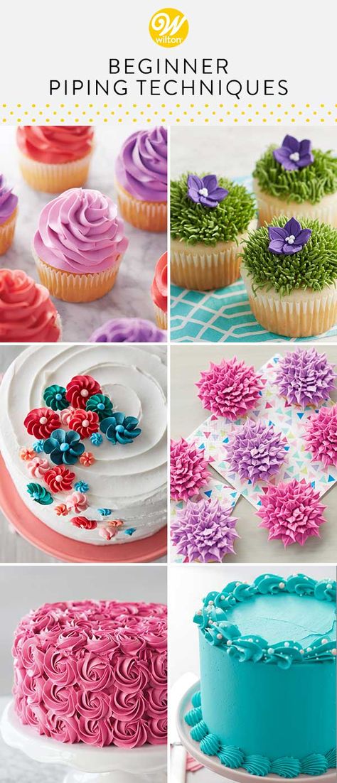 Whether you’re new to cake decorating or just want to brush up on your piping skills, these 9 beginner piping techniques are all you need to get started. From classic cupcake swirls to piping buttercream flowers and borders, these simple cake piping techniques are sure to have you enticed to ice! #wiltoncakes #cakedecorating #pipingtechniques Simple Cake Decorating Easy Buttercream Frosting Piping Techniques, Iced Flowers On Cake, Easy Icing Flowers For Cake, How To Ice Flowers On A Cake, Icing For Cupcakes Decorating, Cake Decorating Flowers Buttercream, Piping A Cake, Frosting Decorating Tips, Classic Cake Decorating