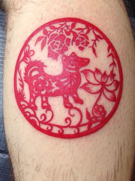 I was born in the year of the dog and I'm leaving China in the year of the dog. Original work by Lacy at TattooJinx. Year Of Dog Tattoo, Chinese Dog Tattoo, Year Of The Dog Tattoo, Nerd Tattoos, Dog Zodiac, Tattoo Mistakes, Spilled Ink, Nerd Tattoo, Year Of The Dog