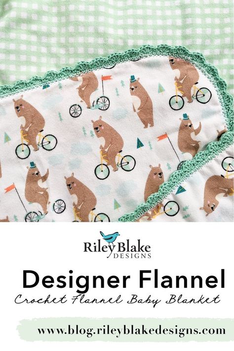 Make a crochet edge baby blanket with our super-soft Designer Flannel! Crochet Flannel Blanket Edging, Crochet Edge Flannel Blanket, Flannel Baby Blanket Crochet Edging, Flannel Baby Blankets With Crochet Edge, Crochet Edging For Fleece Blanket, Crochet Baby Blanket Edging Free Pattern, Crochet Receiving Blanket, Fleece Blanket Edging Ideas, Crochet Edges For Blankets Baby