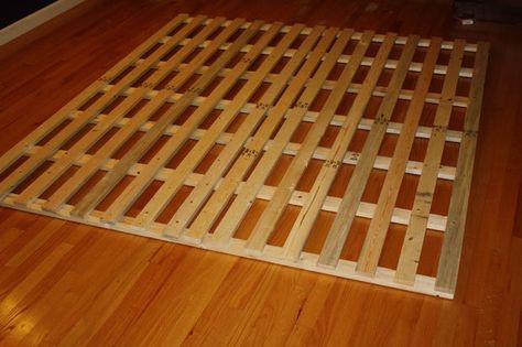 this idea is essentially just building slats to raise the mattress off the floor for an inexpensive, low-profile bed Diy Floor Bed Frame, Diy Floor Bed, Low Profile Bed Frame, Diy Sofa Bed, Low Bed Frame, Floor Bed Frame, Family Bed, Low Profile Bed, Wooden Bed Frame