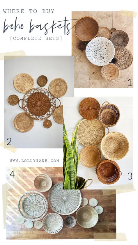 Seagrass Basket Wall Decor, Basket Walls Boho Kitchen, Rattan Gallery Wall, Kitchen Basket Wall Decor, Wicker Basket Walls, Wicker Basket Wall Art Bedroom, Basketwall Boho Bedroom, Basket Wall With Sign, Wicker Placemats On Wall