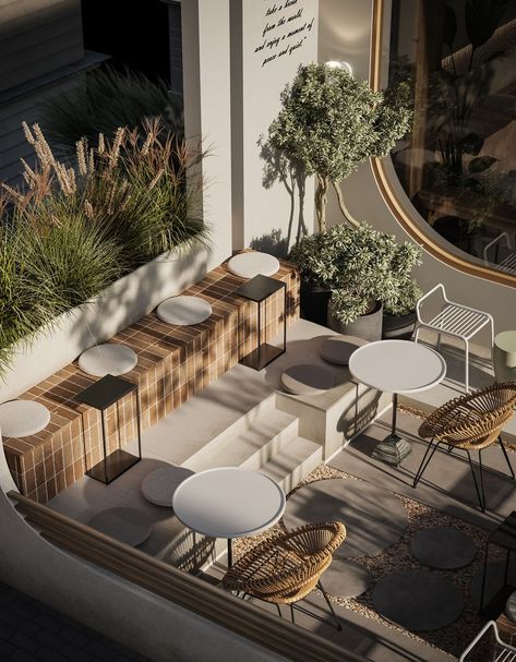 Cafe Outdoor Seating, Coffee Shop Patio, Outdoor Seating Cafe, Restaurant Seating Design, Courtyard Cafe, Coffee Shop Concept, Cafe Exterior, Cafe Seating, Terrace Restaurant