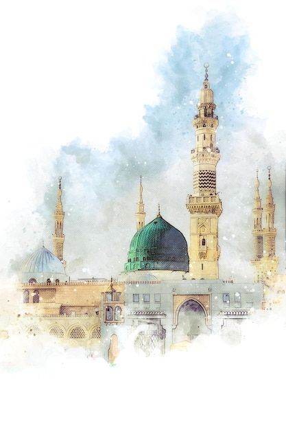 Mosque Painting Islamic Art, Madina Painting Islamic Art, Madina Munawara, Green Mosque, Mosque Drawing, Medina Saudi Arabia, Islamic Illustration, Masjid Nabawi, Islamic Poster