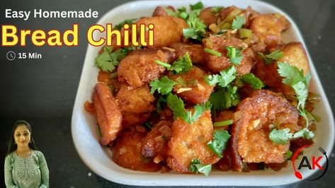 Chilli Bread Recipe | Spicy & Tasty Bread Snack – Party Starter with detailed photo and video recipe. Basically a spicy and tasty version of the bread upma or manchurian prepared with crisp bread and green chillies. It can be an ideal part starter or served as an appetiser which does not require any additional preparations or deep frying. The sauce prepared for this chilli dish is a generic sauce and hence can be used for any other ingredients like paneer, mushroom, gobi or potatoes. Chilli Bread Recipe, Chilly Recipe, Chilli Bread, Bread Upma, Crispy Bread, Crisp Bread, Easy Breakfast Ideas, Homemade Bread Easy, Chilli Recipes