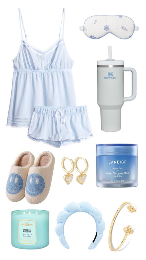 Blue PJ set, hold bangle bracelet, Kendra Scott Ari Heart biggie earrings, Stanley cup, Laneige Water Sleeping Mask, blue skincare headband, Whitebarn Lakeside Morning candle, eye mask Blue Skincare, Skincare Headband, Water Sleeping Mask, Laneige Water Sleeping Mask, Sleeping Mask, Stanley Cup, Pj Sets, Sleep Mask, Kendra Scott