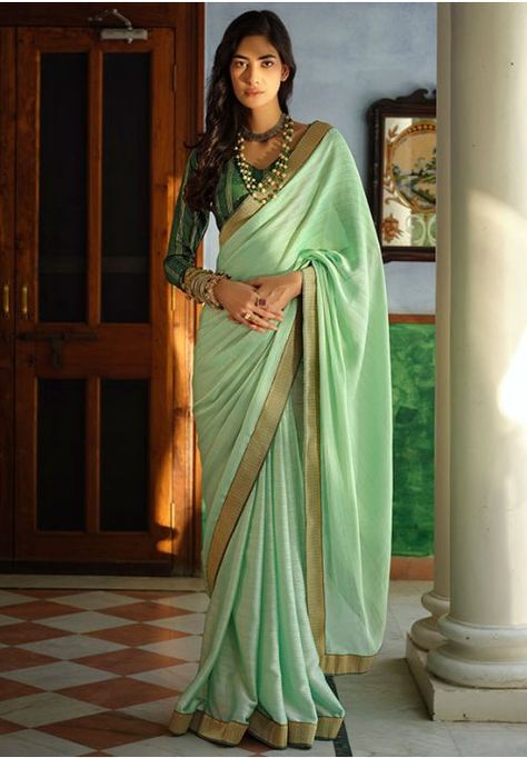 Pastel Green Art Silk Saree with Zari Work Blouse Light Green Saree, Green Color Saree, One Minute Saree, Party Wear Traditional, Plain Saree, Green Saree, Art Silk Sarees, Wedding Ceremonies, Work Sarees