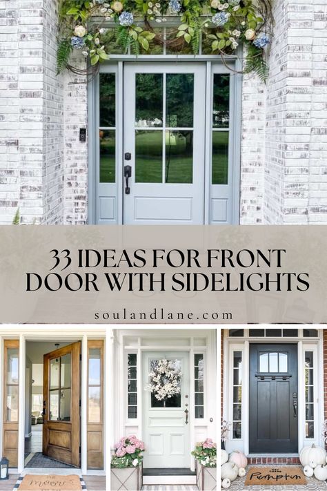 Brighten your home's entrance with these stunning front door designs featuring elegant sidelights. From classic to contemporary, discover captivating ways to enhance your curb appeal and create an inviting atmosphere for all who enter. Elevate your home's aesthetic and make a lasting impression with these radiant ideas! Front Entry Doors With Sidelights And Transom, Single Front Door With Sidelights And Transom, Seeded Glass Front Door, Entry Door With Sidelights And Transom, Front Door Ideas With Side Lights, Front Door With Sidelights Farmhouse, Large Front Door Ideas, Smooth Star Front Door, Front Door With Windows On Each Side