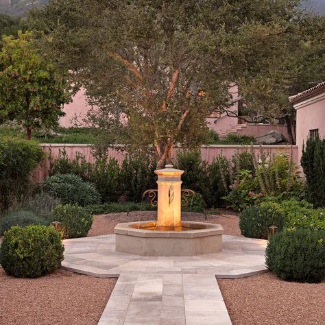 Mediterranean Garden Fountain, Mediterranean Fountain Ideas, Front Entrance Water Feature Ideas, Spanish Water Feature, Spanish Fountain Court Yard, Mediterranean Water Feature, Front Yard Water Fountain Ideas, Outdoor Fountain Ideas Landscaping, Front Yard Fountain Ideas