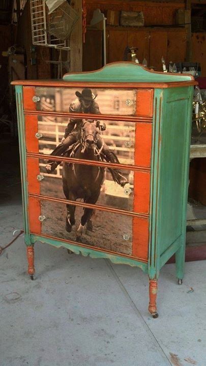 Awesome! Artsy Furniture, Decoupage Dresser, Cowgirl Bedroom, Cowgirl Room, Horse Room, Cowboy Decor, Decoupage Furniture, Barrel Racer, Western Furniture