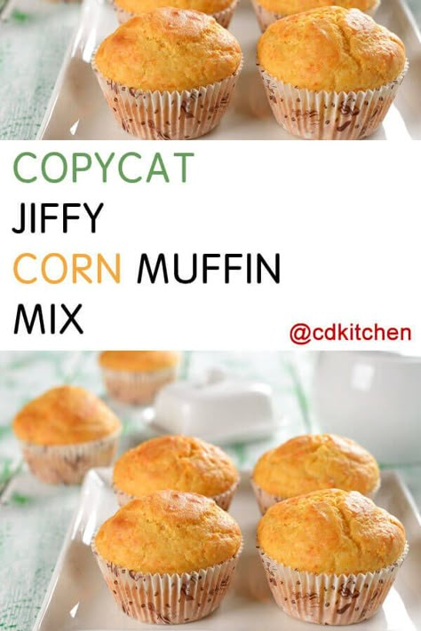 Jiffy Corn Muffin Mix Clone - An easy homemade substitute for Jiffy. Use it in any recipe calling for 1 box of corn muffin mix. Made with all-purpose flour, yellow corn meal, sugar, baking powder, salt, vegetable oil | CDKitchen.com Jiffy Corn Muffin Recipes, Corn Muffin Mix Recipes, Paper Muffin Liners, Homemade Corn Muffins, Corn Flour Recipes, Muffin Mix Recipe, Jiffy Mix Recipes, Jiffy Corn Muffins, Delicious Muffins