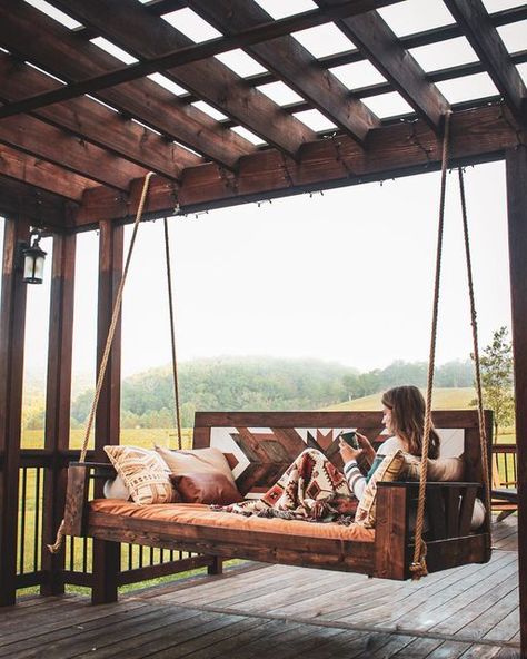 Porch Swings Hanging Ideas, Porch Swing Aesthetic, Wall Partitions, Front Porch Furniture, Romantic Minimalist, Front Porch Swing, Porch Swing Bed, Porch Swings, Rustic Porch