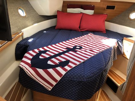 Nautical Bedding For A Ranger Tug 29CB - YachtBedding.com Yacht Decorating Ideas, Yacht Decor Boat Interior, Boat Bedding, Boat Renovation, Boat Remodel, Ranger Tugs, Yacht Decor, Sailboat Restoration, Boat Organization