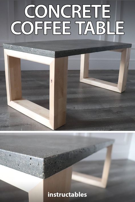 designcoyxe created this clean lines coffee table with a concrete top and wooden base. #Instructables #workshop #woodworking #furniture #modern Wood Concrete Furniture, Modern Coffee Tables Diy, Making A Concrete Table Top, Concrete And Wood Furniture, Concrete Table Top Diy, Diy Cement Table, Coffee Table Legs Ideas, Outdoor Coffee Table Diy, Wood And Concrete Table