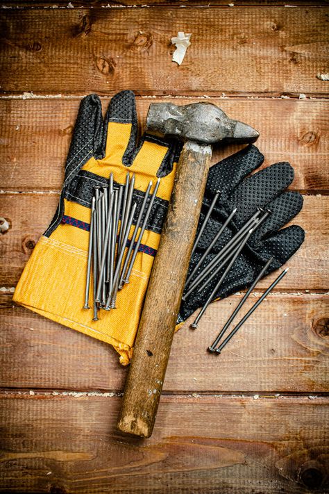 Set of gloves, nails and a hammer Framing Hammer, Broken Concrete, Claw Hammer, Precision Tools, The Claw, Used Tools, Wooden Background, Automotive Repair, Hammers