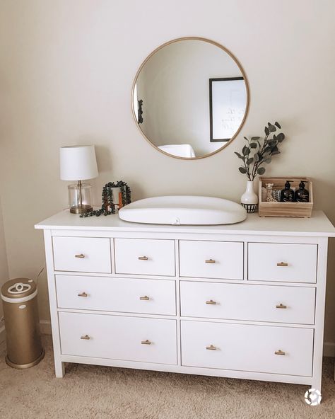 Nursery Room Mirror, White And Wood Nursery, Mirror Above Changing Table, Baby Closet Ideas, Nursery Dresser Decor, Ikea Nursery, Baby Dresser, Baby Nursery Inspiration, Baby Room Neutral