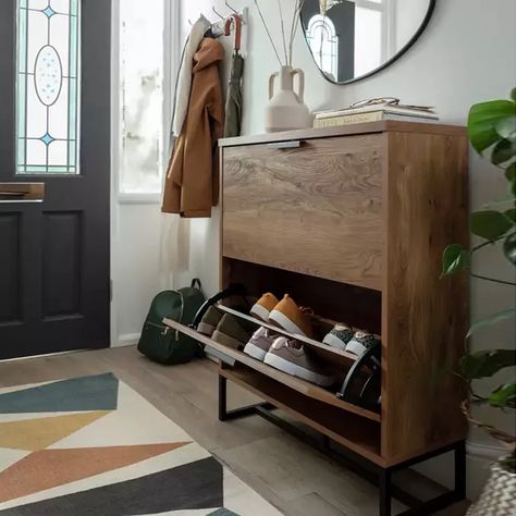 Habitat Nomad, Hallway Storage Ideas, Oak Shoe Storage, Hallway Colour Schemes, Shoe Storage Unit, Shoe Storage Ideas, Hallway Colours, Hallway Cabinet, Coat Storage