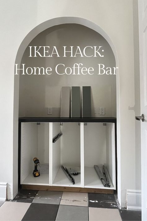 Using IKEA Kitchen Cabinets, I created my dream coffee bar and pantry. Here's the tutorial to make this stunning coffee bar! Ikea Built In Coffee Bar, Ikea Beverage Station, Coffee Bar In A Closet, Diy Bar Nook, Closet Into Coffee Bar, Coffee Station Ikea, Ikea Coffee Bar Hack, Narrow Coffee Bar, Microwave Coffee Station