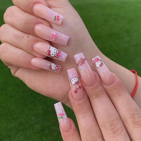 Hello Kitty Nail Sticker Nails, Nails With Charms Hello Kitty, Acrylic Nails Hello Kitty, Nails Hello Kitty, Nail Designs Cute, Hello Kitty Stickers, Nail Stickers Designs, Kitty Funny, Kitty Nails