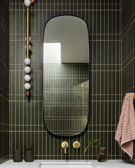 Regan Baker Design | A small space full of detail, the powder room at our #TranquilTerracedPiedmont features a deep green, geometric tile by @lucidipevere… | Instagram Dark Green Tile, Lindsey Adelman, Creative Tile, Bee Painting, Modern Deco, Ceramic Floor Tiles, Local Furniture, Geometric Tiles, Dusty Rose Color