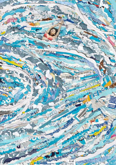 Original Art Paper Collage, measuring: 21.6W x 30.5H x 0.8D cm, by: Nina Papel (Spain). Styles: Pop Art, Modern, Expressionism, Abstract Expressionism, Dada. Subject: Water. Keywords: Sea, Paper, Blue, Swim, Seascape, Wave, Woman, Recycling, Relax, Summer, Collage. This Paper Collage is one of a kind and once sold will no longer be available to purchase. Buy art at Saatchi Art. Colour Collage Art, Recycled Art Collage, Wave Collage Art, Marbled Paper Art, Abstract Landscape Collage Mixed Media, Water Collage Art, Underwater Collage Art, Torn Paper Collage Landscape, Art About Aging