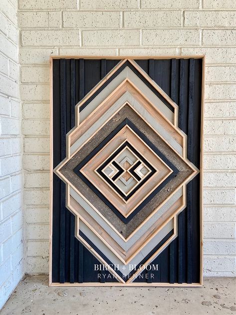 Wood Art | Birch + Bloom Aztec Signs, Geometric Wood Wall Art, Geometric Wood Wall, Art Deco Wood, Wood Art Diy, Wood Wall Art Diy, Reclaimed Wood Wall Art, Reclaimed Wood Art, Wood Mosaic