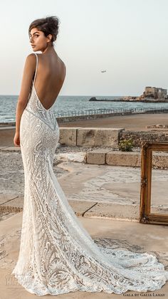 galia lahav gala 2017 bridal sleeveless deep plunging v neck full embellishment elegant sexy lace fit and flare sheath wedding dress open low back chapel train (802) mv bv Galia Lahav Wedding Dress, White Lace Wedding Dress, Pnina Tornai, Beautiful Beach Wedding, Galia Lahav, Back Wedding Dress, Backless Wedding, A Wedding Dress, Beauty Dress