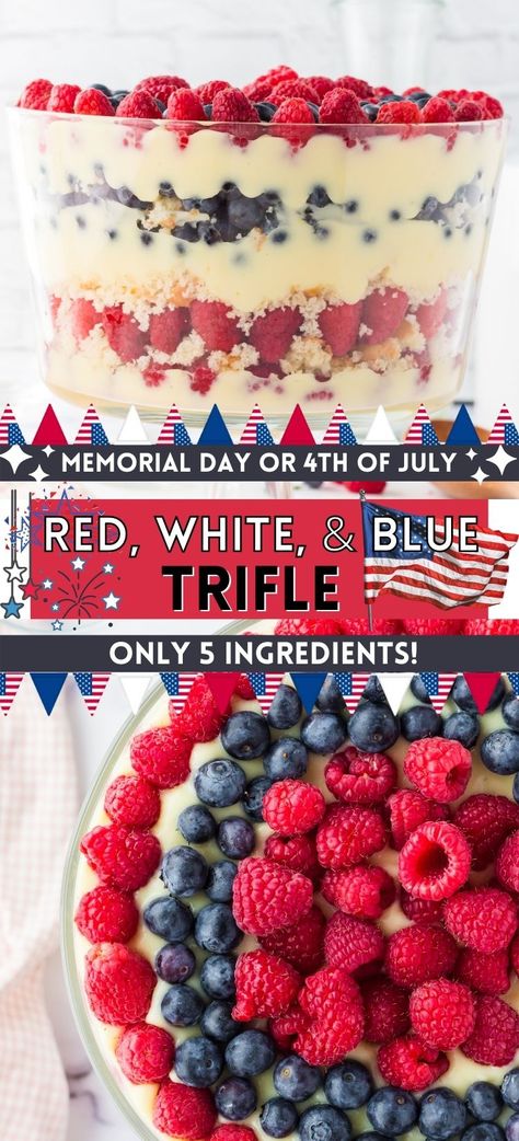 Learn how to make this festive and patriotic dessert that's perfect for Memorial Day or 4th of July celebrations! Red White & Blue Trifle is a simple recipe to make that makes a statement. Only 5 ingredient is all you need to make this layered pudding trifle recipe with fresh berries. Blueberry Trifle, Memorial Day Desserts, Gluten Free Cake Mixes, Berry Trifle, Dessert Oreo, Fluffy Cake, Patriotic Desserts, Blue Desserts, Trifle Desserts