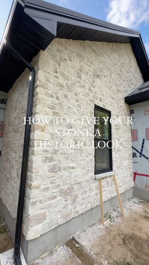 KRISTA MCVEIGH • cozy, collected canadian home | Sooo many questions on how we achieved this historic look on our stone, and the answer is white over-grout! Whether you’re doing it… | Instagram White Washed Stone House Exterior, Stone Inside House, White Wash Stone Exterior House, Stone With White Brick Exterior, Stone Bump Out Exterior, Over Grout Stone Exterior, Austin White Stone Exterior, Over Grouted Fireplace, Light Stone Exterior House