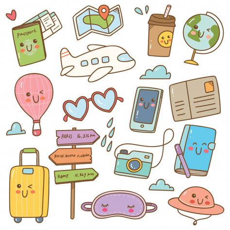 Kawaii Style Drawing, Kawaii Travel, Doodles Kawaii, Travel Doodles, Images Kawaii, Style Kawaii, Doodle Icon, Baby Travel, Scrapbook Stickers Printable