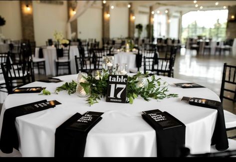 Black Napkin Wedding Place Settings, Black Tie Place Setting, White Tablecloth With Black Napkins, Black White And Green Reception, Simple Black Wedding Table Decor, Black White And Silver Table Decorations, Ivory Tablecloth With Black Napkins Wedding, Black And White Wedding Linens, Black And White Center Piece