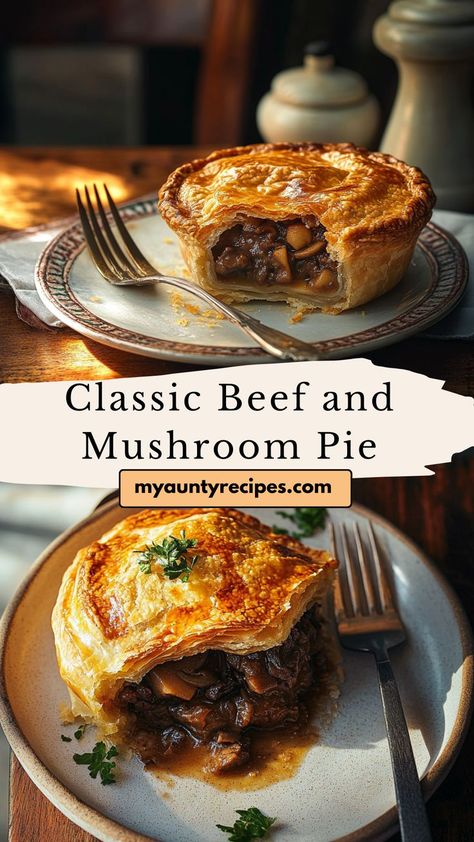 Hearty Beef & Mushroom Pie is a classic recipe with flavorful beef and mushrooms baked in a golden crust. Perfect for cozy fall nights, this pie brings warmth and comfort to the table, making it a seasonal favorite. Australian Beef Pie, Mary Berry Beef Pie, British Beef Pie, Beef Mushroom Pie, Harry Potter Shepards Pie Recipe, Medieval Meat Pie, Beef Meat Pie Recipe, Goblin Food Recipes, Boxing Day Pie