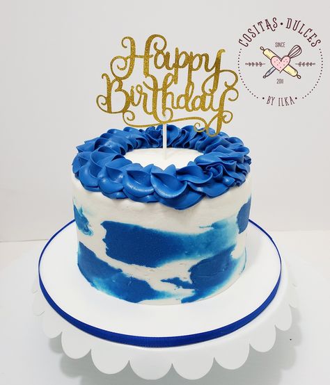 Blue buttercream cake. Birthday cake for him Blue Man Birthday Cake, Blue Buttercream Cake For Men, Birthday Cake For Men Buttercream, Blue Floral Cake Birthday, Simple Cake For Men Birthdays, Blue And White Cake For Men, Blue Cakes For Boys, Blue Cake For Boys, Blue Birthday Cakes For Boys