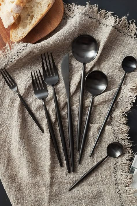 Homelux Theory 18/10 Matte Black Silverware Set Stainless Steel Black Flatware Set Black Utensil Set| 5-Piece Adaline Royal Modern Cutlery Set| Best Birthday Wedding Gift (2 Sets, Black Matte Polish) Modern Utensils, Modern Cutlery Set, Matte Black Cutlery, Matte Black Utensils, Utensils Set, Black Matte Silverware, Black Kitchenware, Kitchen Silverware, Kitchen Wear Aesthetic