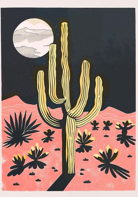 A poster depicting a stylized desert scene at night, with a prominent saguaro cactus in the foreground and various smaller desert plants around. A large, textured full moon hangs in the star-speckled navy sky above rolling pink hills. The artwork features a palette of deep blues, vibrant yellows, and muted pinks, creating a serene nocturnal landscape. Southwest Art Print, Cozy Desert Bedroom, Desert Office Decor, Simple Poster Ideas, Desert Theme Party, Sedona Art, Moon Wall Mural, Hallway Mural, Desert Grunge