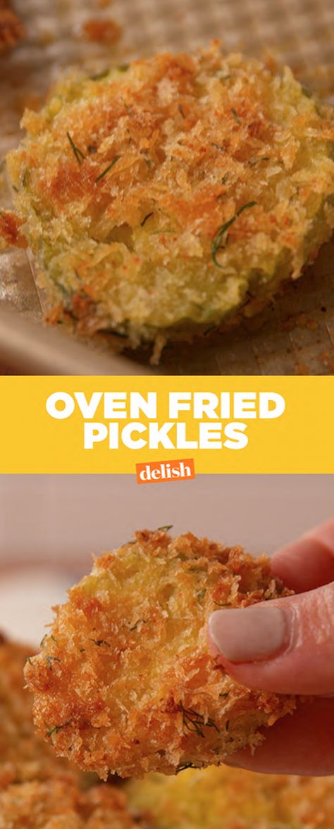 These Oven Fried Pickles have all of the crunch and zero of the guilt. Get the recipe at Delish.com. Oven Fried Pickles, Fried Pickles Recipe, Spinach Bread, Food Bread, Guilt Free Snacks, Oven Fried, Fried Pickles, Fries In The Oven, Pickling Recipes