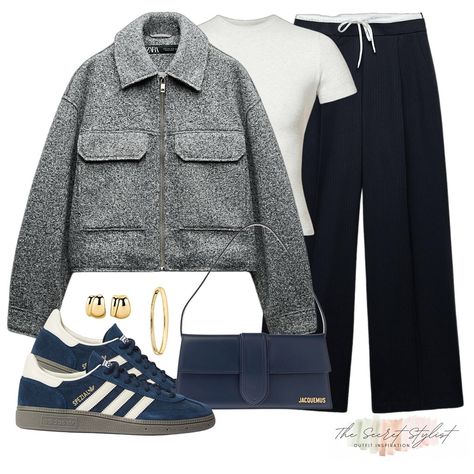 Grey and navy outfits - a transitional autumn outfit styling the wardrobe staple contrast waist trousers in navy with this grey felted bomber jacket and those sell out Adidas Spezials that have finally restocked for a casual weekend outfit 🙌🏼 Comment LINKS to receive the outfit links directly 🙌🏼 Or SHOP the outfit in the September highlight or via my LTK SHOP - The Secret Stylist #adidasspezial #trousers #greyjacket #bomberjacket #zarajacket #outfitinspo #outfitoftheday #outfitideas #trans... Grey Spezial Adidas Outfit, Grey Jacket Outfit Casual, Grey Jacket Outfit, Blue Outfit Winter, Son Bahar, Navy Outfits, Adidas Spezials, Rome Winter, Vest Fits