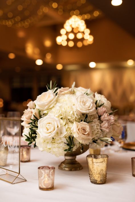 White and Blush Rose Floral Centerpieces in Gold Vase | Elegant Sarasota Wedding Reception Decor Emerald Wedding Decor, Gold Vase Centerpieces, Place Cards Wedding Table, Table Floral Decorations, Longboat Key Florida, Sarasota Beach, Rose Gold Candle, Key Club, Table Centerpieces Wedding