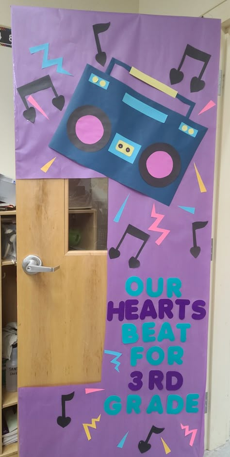 Rockstar Door Decoration, Music Themed Classroom Decorations, Rock And Roll Door Theme, Music Vbs Decorations, Music Classroom Door Decorations, 80s Themed Bulletin Board, Music Themed Classroom Door, Music Day Decorations School, 80s Classroom Door