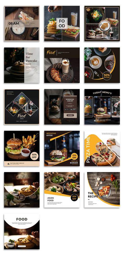 Food Instagram Posts Templates PSD Instagram Grid Layout Ideas Food, Feed Instagram Food Design, Food Instagram Feed Ideas, Food Posts Instagram Ideas, Food Instagram Layout, Ig Food Post, Food Grid Instagram, 3 Post Instagram Design, Food Posts Instagram