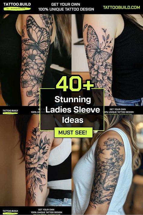 Elegant Ladies Sleeve Tattoo Ideas Gallery at Tattoo Build Female Tattoo Sleeve Classy, Full Sleeve Nature Tattoos Women, Tattoo Arm Sleeves For Women, Outdoor Sleeve Tattoos For Women, Top Arm Sleeve Tattoo Women, Floral And Mandala Tattoo Sleeve, Simple Arm Sleeve Tattoos For Women, Female Bicep Tattoo, Simple Sleeve Tattoo Women