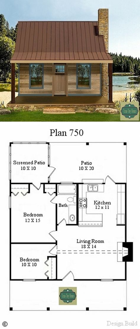 Texas Tiny Homes ~ 750 a/c sq. ft. Two  bedrooms; 1 bath; family room with fireplace; sleeping loft, optional. Interior finish – custom. 10′ X 30′ screened-in back porch, 8′ X 30′ covered front porch. Built on slab, or pier and beam.  Exterior facade – custom. **No washer & dryer space shown; guess you get to go to the laundromat.   . . .   ღTrish W ~ http://www.pinterest.com/trishw/  . . . .   #cottage #cabin Design Interior Modern, Wohne Im Tiny House, Plan Chalet, Pelan Rumah, Tiny Cabins, Cottage Plan, Tiny Cabin, Hus Inspiration, Tiny House Cabin