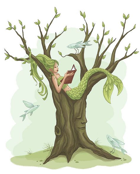 The combination of the three things I love: mermaids, trees, and books! I also like the face in the tree. Mermaid Reading, Mermaid Illustration, Gif Disney, Mermaid Fairy, Real Mermaids, Mermaid Pictures, Mermaid Dreams, Mermaids And Mermen, Mermaid Life