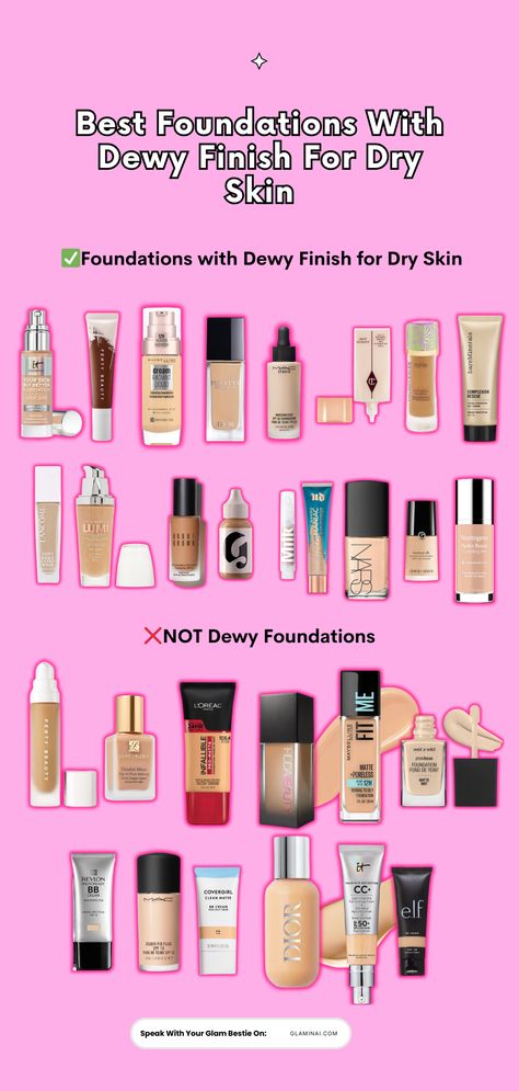 Achieve a radiant, hydrated look with these top dewy foundations designed for dry skin. Say goodbye to dullness and hello to a luminous, glowing complexion. Perfect for that fresh, youthful glow! 💖✨ #DewySkin #DrySkinSolutions #GlowingComplexion Best Dewy Foundation, Makeup Tips For Dry Skin, Best Foundation For Dry Skin, Dewy Foundation, Makeup Skills, Foundation For Dry Skin, Best Foundations, Foundation Application, Buy List