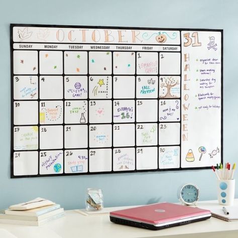 A dry-erase calendar decal that you can easily remove and reposition (if you feel the urge). | Awesome And Inexpensive Things You Need For Your Home Aesthetic Whiteboard Calendar, Bedroom Whiteboard Ideas, Wall Calendar Aesthetic, Whiteboard Calendar Design, Cute Whiteboard Ideas Bedroom, Aesthetic Whiteboard Ideas, Calendar Ideas Design, Whiteboard Calendar Ideas, College Chic